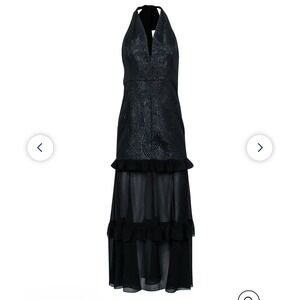 Halston Black Halter Formal Dress Ruffle Trim Size 5